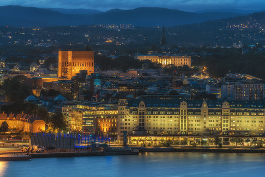 City hall and the Royal Palace in Oslo at evening, Norway