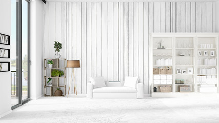 Modern loft interior in vogue with white couch and copyspace in horizontal arrangement. 3D rendering.