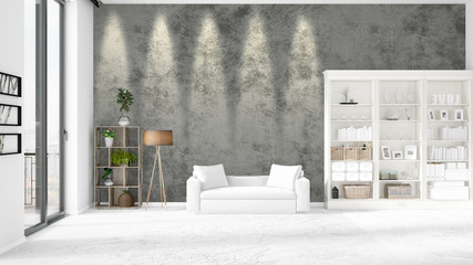 Modern loft interior in vogue with white couch and copyspace in horizontal arrangement. 3D rendering.