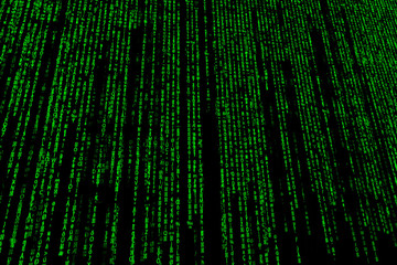 Binary code, green digits on computer screen. Vertically fallen digits background