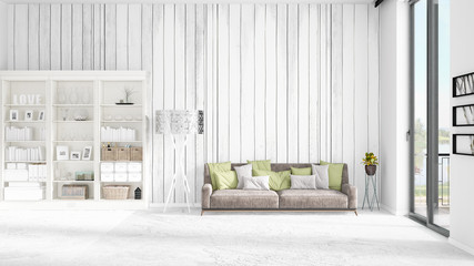 Scene with brand new interior in vogue with white rack and modern grey sofa. 3D rendering. Horizontal arrangement.