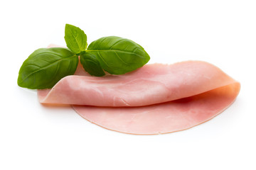 Sliced boiled ham sausage isolated on white background, top view.