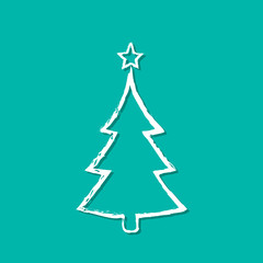 Christmas tree icon in grunge style on blue background, vector decoration element. White symbol of fir-tree