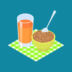 Lentil Porridge and fruit juice. Breakfast Healthy food. Vector illustration