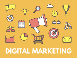 Digital marketing concept. Megaphone with business icons. Red and white speaker with business elements. Flat vector illustration on yellow background