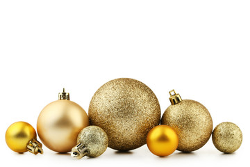 Golden christmas baubles isolated on white background