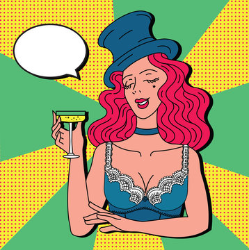 Toast girl party yellow retro background pop art retro vector. Celebration and party. Alcohol drink.Vintage cabaret woman with champagne in hat and lingerie. Cheers toast celebration woman