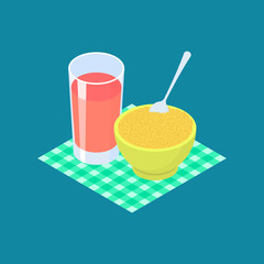 Millet Porridge and fruit juice. Breakfast Healthy food. Vector illustration