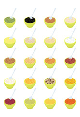 Bowl of porridge and spoon set. Rice and lentils. Red beans and peas. Corn and barley gritz. Millet and cuscus. Oat and buckwheat. Bulgur and wheat. Healthy food for breakfast. Vector illustration