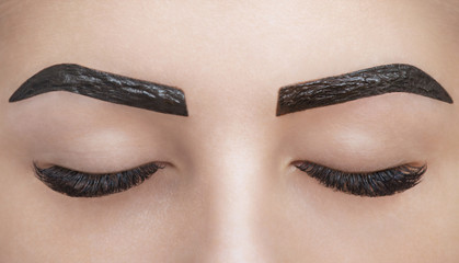 makeup artist applies paint henna on eyebrows in a beauty salon. Professional care for face.