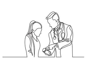continuous line drawing of doctor and patient talking about medication