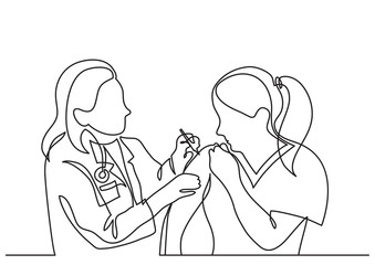 continuous line drawing of doctor making vaccination shot to woman