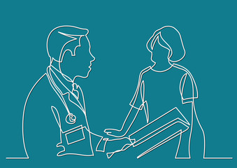 continuous line drawing of doctor consults with patient