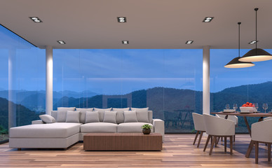 Fototapeta na wymiar Night scene glass house living and dining room with mountain view 3d rendering image.The room has wooden floor,There are large frame less glass window overlooking to the mountain and nature