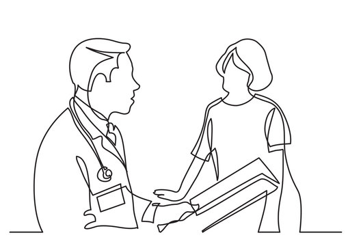 continuous line drawing of doctor consults with patient
