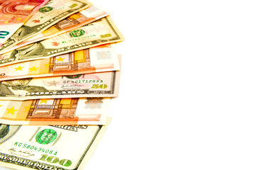 Euro and dollar banknotes isolated on a white background with copy space for text.