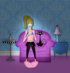 Naklejka premium Cute Girl Watching a Scary Movie in the Dark