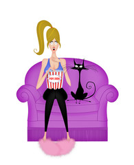 Naklejka premium Cute Girl Watching a Scary Movie