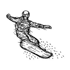 Snowboarder jumping through air vector illustration sketch hand drawn with black lines, isolated on white background