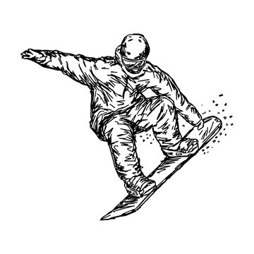 Snowboarder jumping vector illustration sketch hand drawn with black lines, isolated on white background. Winter sport background.