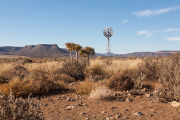 South African landscape with windpump and flat topped Karoo hills. Hot and sunny.