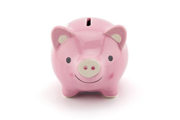 pink ceramic piggy bank isolated on white background, clipping part