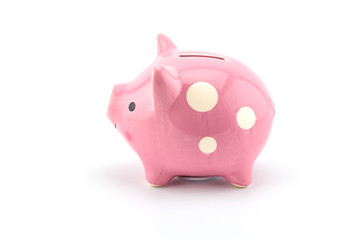 pink ceramic piggy bank isolated on white background, clipping part