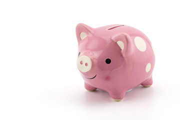 pink ceramic piggy bank isolated on white background, clipping part