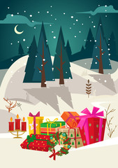 Christmas forest and gifts boxes laying on snow. Happy New Year concept. Vector flat cartoon illustration