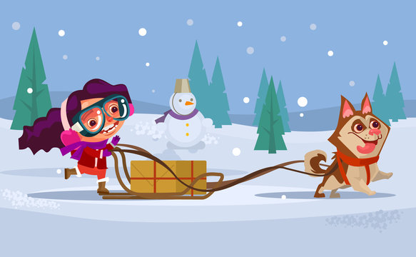 Happy Smiling Girl Child Character Riding Dog Husky Sled. Winter Holiday Concept. Vector Flat Cartoon Illustration
