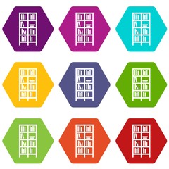 Bookcase icon set color hexahedron