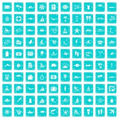 100 beach icons set grunge blue