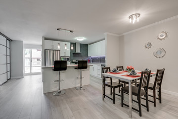Interior design of a modern kitchen with living room.
