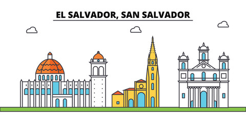 El Salvador, San Salvador outline city skyline, linear illustration, line banner, travel landmark, buildings silhouette,vector - obrazy, fototapety, plakaty
