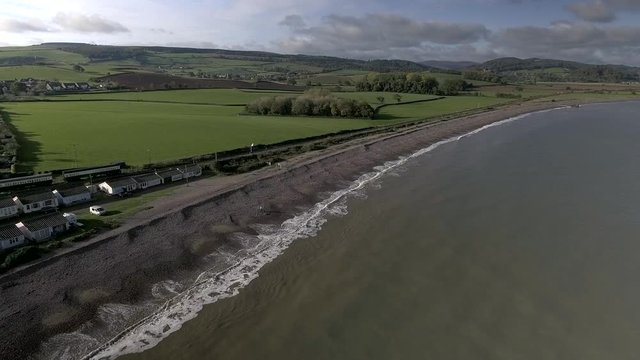 Aerial view of Blue Anchor and Dunster, Somerset, UK.