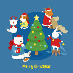 Christmas animal family card vector flat design illustration set 