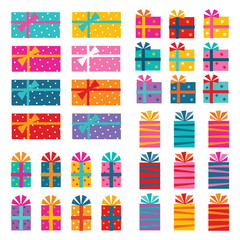 Vector collection of brightly colored birthday and holiday gift boxes and packages for kids, isolated on white. Four different styles with many color and pattern variations. 