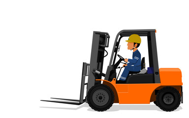 A Worker is driving  Forklift truck on transparent background
