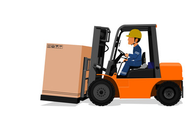 A Worker is delivering the big paper container by the Forklift truck on transparent background
