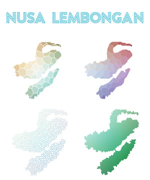 Nusa Lembongan polygonal island map. Mosaic style maps collection. Bright abstract tessellation, geometric, low poly, modern design. Nusa Lembongan polygonal maps for infographics or presentation.