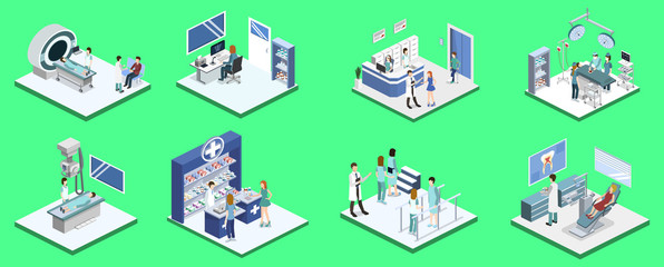 Isometric 3D vector illustration set of reception, mrt, surgery, rehabilitation, pharmacy and dentist