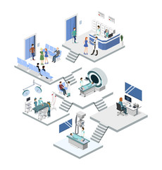 Isometric 3D vector illustration set of reception in the hospital, mrt, x-ray, surgery