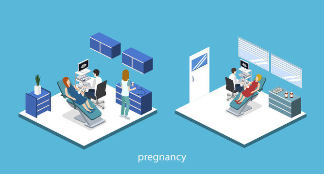 Isometric 3D vector illustration pregnant woman at a doctor's appointment