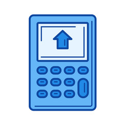 Calculator with house on a display line icon isolated on white background. Calculator with house on a display line icon for infographic, website or app. Blue icon designed on a grid system.