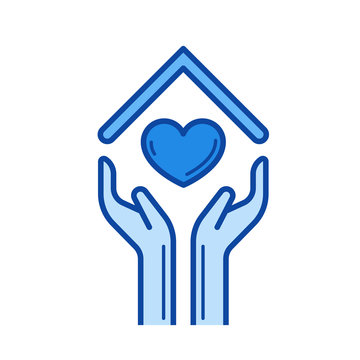 Human hands and heart under the house roof line icon isolated on white background
