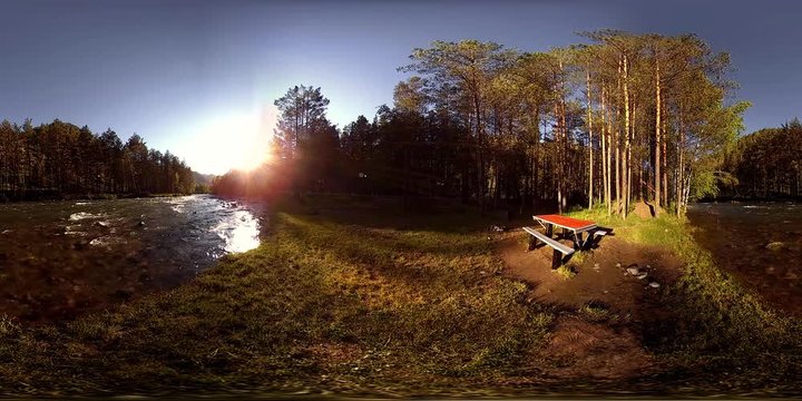 4K 360 VR Virtual Reality of a river flows over rocks in this beautiful scene in the Altay Russia mountains forest and meadow. Table and bench. Picnic place.