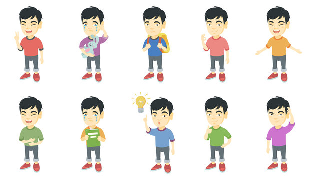 Little asian boy set. Boy showing victory gesture, ok sign, crying, pointing finger at lightbulb, giving thumb up, crying. Set of vector sketch cartoon illustrations isolated on white background.