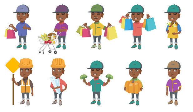 Little african-american boy set. Boy holding shopping bag with groceries, stroking pig, wearing builder costume and holding road sign. Set of vector cartoon illustrations isolated on white background.