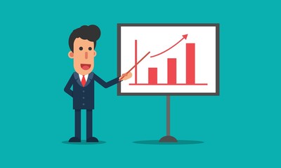 Businessman show presentation of grow business at white board vector illustration in flat modern design isolated in turquoise background
