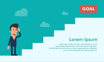 Businessman looking goal at top of stairs vector illustration in flat modern design isolated in turquoise background